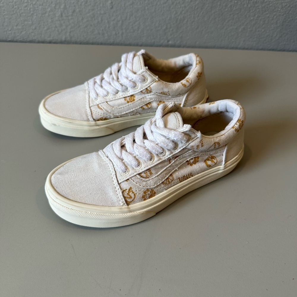 Vans old skool tapered eco theory your hands ivory/ yellow print sneakers SZ 1